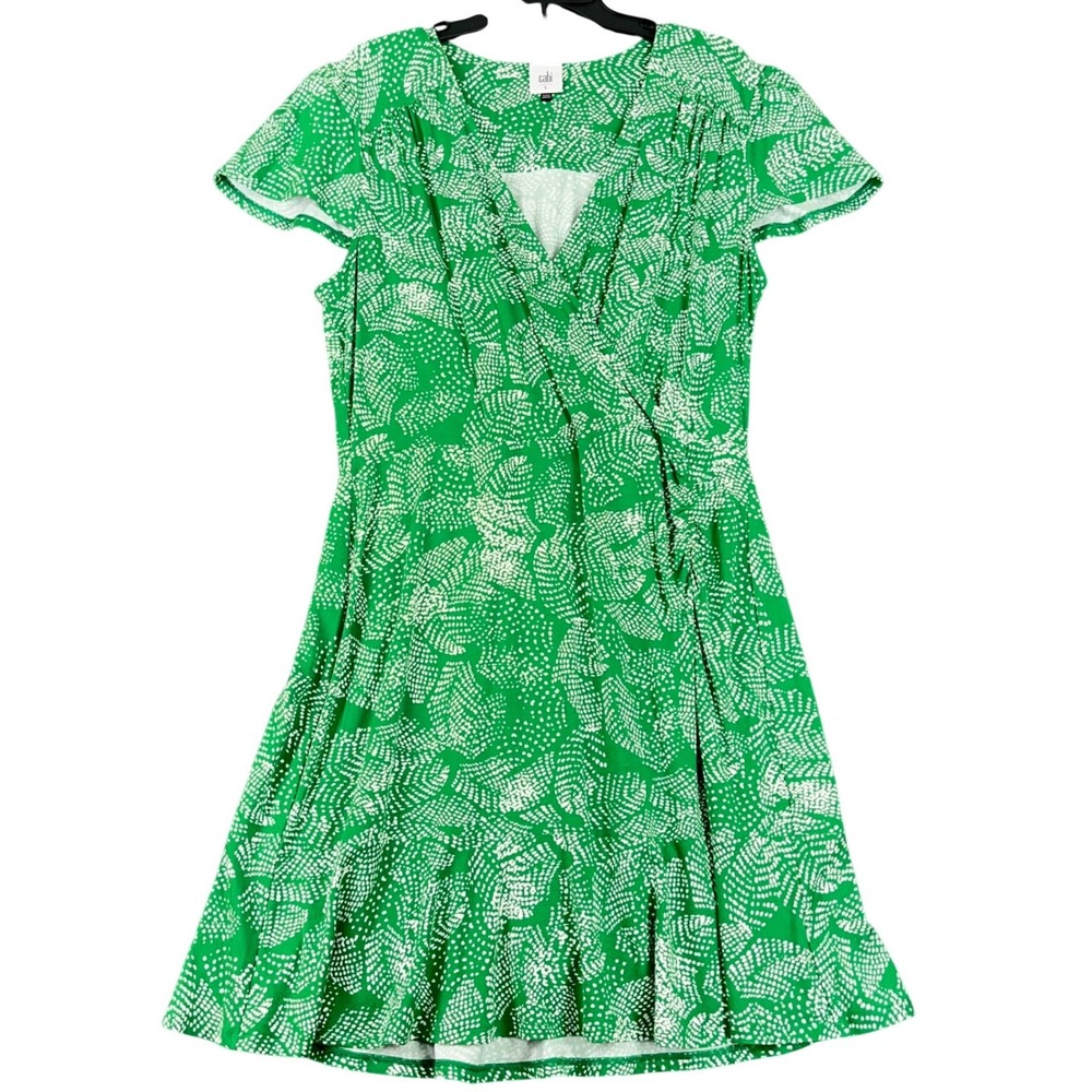 Cabi Serene Dress Resort Green White Leaf Print Faux Wrap Short Sleeve L Womens